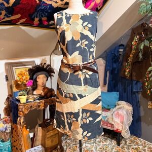 VTG 90s Chicos Silk Linen Floral Print Sleeveless Shift Dress Black Brown Sz 1